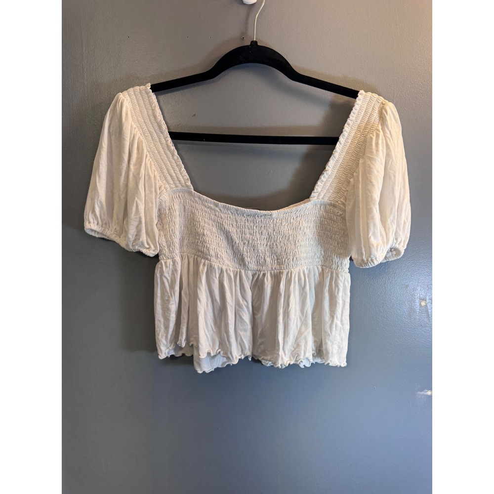 Forever 21 White Smocked Puff Sleeve Crop Top Babydoll Blouse Large - Picture 3 of 6